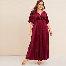 Load image into Gallery viewer, SHEIN Plus Size Flutter Sleeve Pleated Velvet Dress Women Autumn Winter V Neck A Line Empire Glamorous Party Maxi Dresses