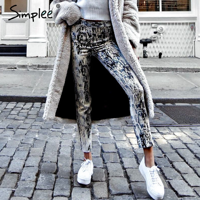 Simplee Snake print denim skinny jeans women Streetwear high waist elastic female pants Korean punk pencil winter trousers 2018