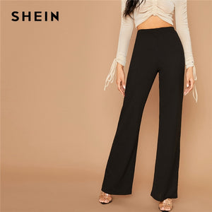 SHEIN Black Solid High Waist Flare Leg Elegant Pants Women Autumn Elastic Waist Loose Office Ladies Stretchy Long Trousers