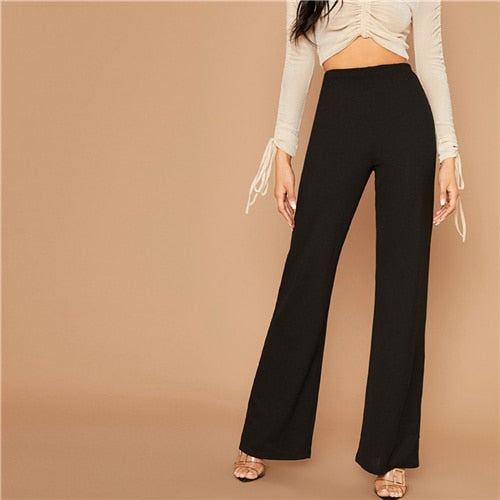 SHEIN Black Solid High Waist Flare Leg Elegant Pants Women Autumn Elastic Waist Loose Office Ladies Stretchy Long Trousers