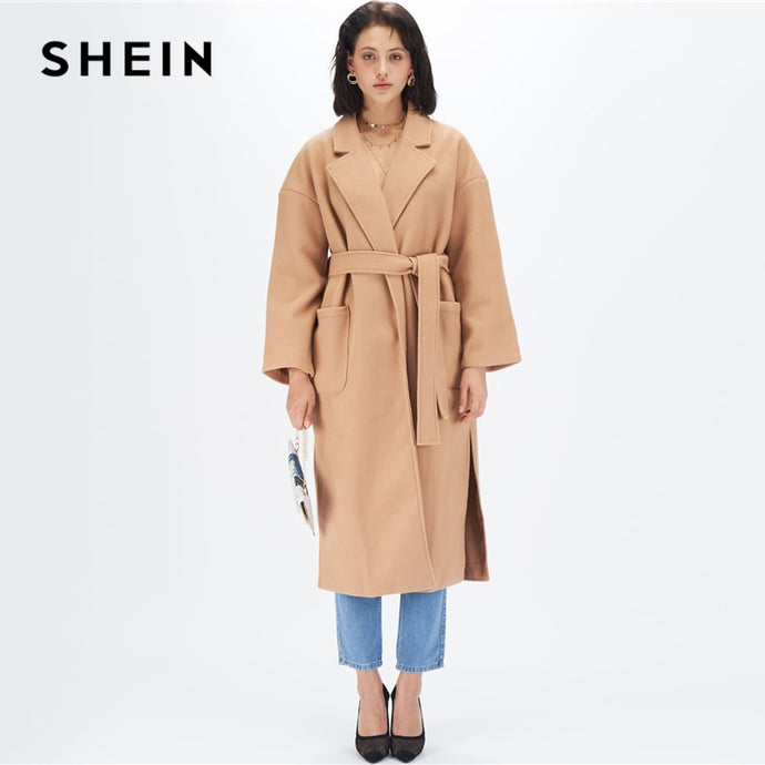 SHEIN Camel Notched Collar Split Hem Elegant Belted Trench Coat Women Autumn Solid Double Pocket Front Office Long Outerwear