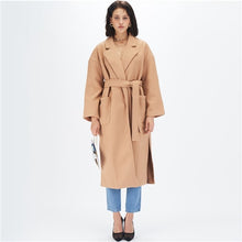 Load image into Gallery viewer, SHEIN Camel Notched Collar Split Hem Elegant Belted Trench Coat Women Autumn Solid Double Pocket Front Office Long Outerwear