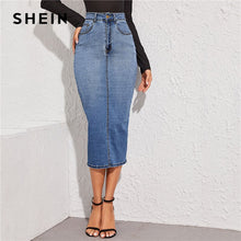 Load image into Gallery viewer, SHEIN Blue Split Back Bodycon Denim Skirts Womens Spring Autumn High Waist Slim Fitted Casual Long Pencil Skirt