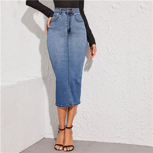 SHEIN Blue Split Back Bodycon Denim Skirts Womens Spring Autumn High Waist Slim Fitted Casual Long Pencil Skirt