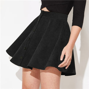 SHEIN Solid Button Front Corduroy Casual Skirt Women Bottoms 2019 Autumn Streetwear High Waist Ladies Basic Short Flared Skirts