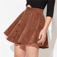 Load image into Gallery viewer, SHEIN Solid Button Front Corduroy Casual Skirt Women Bottoms 2019 Autumn Streetwear High Waist Ladies Basic Short Flared Skirts