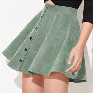 SHEIN Solid Button Front Corduroy Casual Skirt Women Bottoms 2019 Autumn Streetwear High Waist Ladies Basic Short Flared Skirts