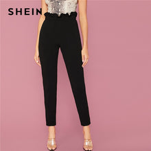 Load image into Gallery viewer, SHEIN Black Solid Paper Bag Waist Elegant Trousers Women Bottoms Autumn Elastic Waist Loose Office Ladies Tapered Long Pants