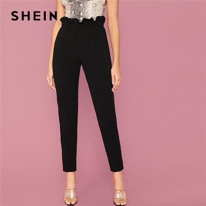 SHEIN Black Solid Paper Bag Waist Elegant Trousers Women Bottoms Autumn Elastic Waist Loose Office Ladies Tapered Long Pants