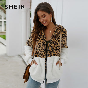 SHEIN Multicolor Contrast Leopard Drawstring Hooded Teddy Jacket Women Winter Long Sleeve Pocket  Casual Outwear Jackets