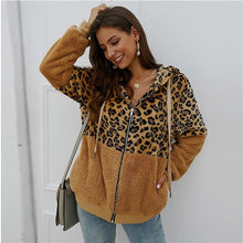 Load image into Gallery viewer, SHEIN Multicolor Contrast Leopard Drawstring Hooded Teddy Jacket Women Winter Long Sleeve Pocket  Casual Outwear Jackets