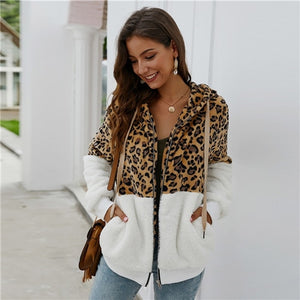 SHEIN Multicolor Contrast Leopard Drawstring Hooded Teddy Jacket Women Winter Long Sleeve Pocket  Casual Outwear Jackets