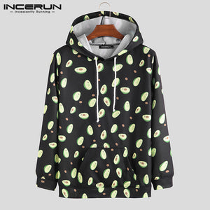 INCERUN Fashion Avocado Printed Hooded Men Long Sleeve Big Pockets Pullover Tee Japanese Harajuku Mens Hoodies Sweatshirt Jogger