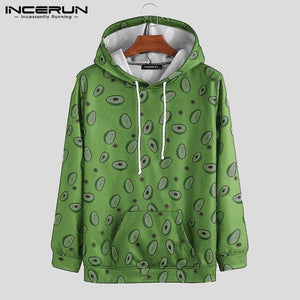 INCERUN Fashion Avocado Printed Hooded Men Long Sleeve Big Pockets Pullover Tee Japanese Harajuku Mens Hoodies Sweatshirt Jogger