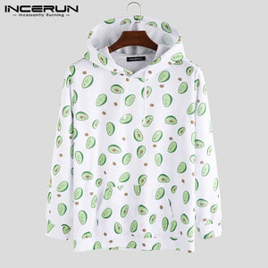 INCERUN Fashion Avocado Printed Hooded Men Long Sleeve Big Pockets Pullover Tee Japanese Harajuku Mens Hoodies Sweatshirt Jogger