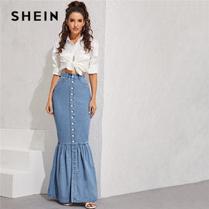 SHEIN Blue Button Front Fishtail Hem Denim Maxi Skirt Women Autumn Pocket High Waist Party Casual Slim Fitted Mermaid Skirts