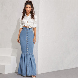 SHEIN Blue Button Front Fishtail Hem Denim Maxi Skirt Women Autumn Pocket High Waist Party Casual Slim Fitted Mermaid Skirts