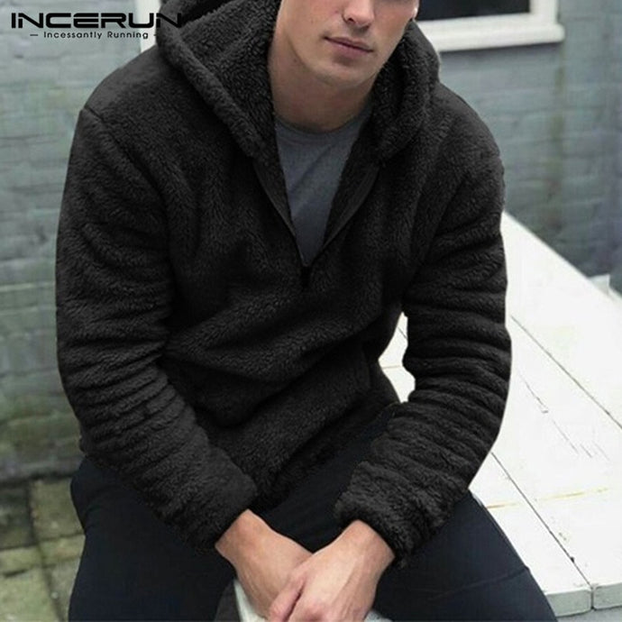 INCERUN Fashion Autumn Winter Thermal Hoodies Long Sleeve High Street Leisure Pockets Solid Hooded Comfortable Mens Pullovers