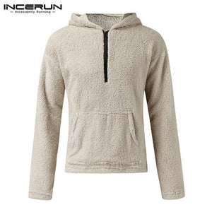 INCERUN Fashion Autumn Winter Thermal Hoodies Long Sleeve High Street Leisure Pockets Solid Hooded Comfortable Mens Pullovers