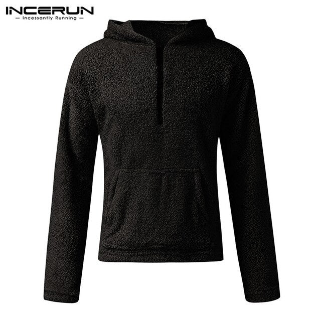 INCERUN Fashion Autumn Winter Thermal Hoodies Long Sleeve High Street Leisure Pockets Solid Hooded Comfortable Mens Pullovers