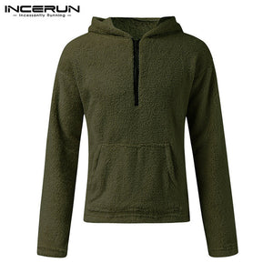 INCERUN Fashion Autumn Winter Thermal Hoodies Long Sleeve High Street Leisure Pockets Solid Hooded Comfortable Mens Pullovers