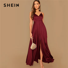 Load image into Gallery viewer, SHEIN Surplice Wrap Solid Glamorous Satin Spaghetti Strap Dress Women Autumn Sleeveless High Waist Sexy Party Cami Maxi Dresses