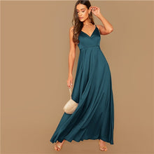 Load image into Gallery viewer, SHEIN Surplice Wrap Solid Glamorous Satin Spaghetti Strap Dress Women Autumn Sleeveless High Waist Sexy Party Cami Maxi Dresses