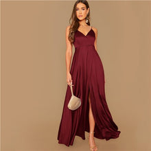 Load image into Gallery viewer, SHEIN Surplice Wrap Solid Glamorous Satin Spaghetti Strap Dress Women Autumn Sleeveless High Waist Sexy Party Cami Maxi Dresses