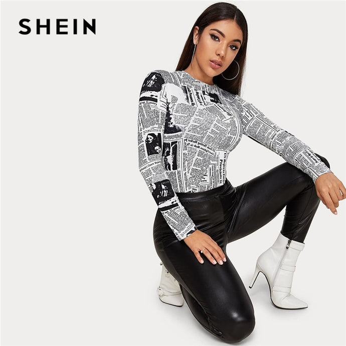 SHEIN Newspaper Letter Print Fitted Tee Women Casual Top Spring Autumn O-Neck Long Sleeve Skinny Streetwear T-shirts
