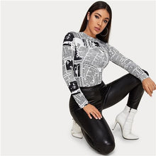 Load image into Gallery viewer, SHEIN Newspaper Letter Print Fitted Tee Women Casual Top Spring Autumn O-Neck Long Sleeve Skinny Streetwear T-shirts