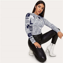 Load image into Gallery viewer, SHEIN Newspaper Letter Print Fitted Tee Women Casual Top Spring Autumn O-Neck Long Sleeve Skinny Streetwear T-shirts