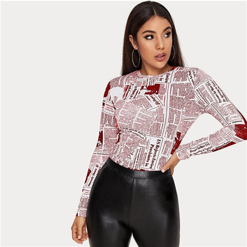 SHEIN Newspaper Letter Print Fitted Tee Women Casual Top Spring Autumn O-Neck Long Sleeve Skinny Streetwear T-shirts