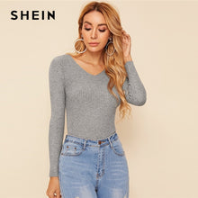 Load image into Gallery viewer, SHEIN Solid V Neck Slim Fitted Stretchy Basics Sweater Women 2019 Autumn Long Sleeve Office Ladies Ribbed Knit Casual Sweaters