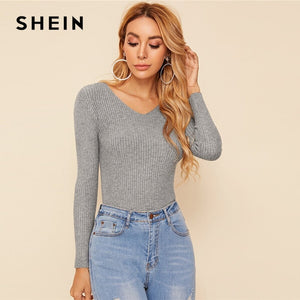 SHEIN Solid V Neck Slim Fitted Stretchy Basics Sweater Women 2019 Autumn Long Sleeve Office Ladies Ribbed Knit Casual Sweaters