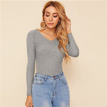 Load image into Gallery viewer, SHEIN Solid V Neck Slim Fitted Stretchy Basics Sweater Women 2019 Autumn Long Sleeve Office Ladies Ribbed Knit Casual Sweaters