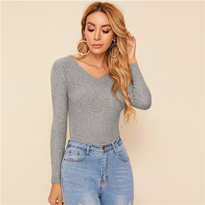 SHEIN Solid V Neck Slim Fitted Stretchy Basics Sweater Women 2019 Autumn Long Sleeve Office Ladies Ribbed Knit Casual Sweaters