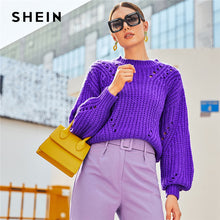 Load image into Gallery viewer, SHEIN Purple Drop Shoulder Pointelle Chunky Knit Sweater Women Tops Autumn Winter Solid Bishop Sleeve O Neck Casual Sweaters