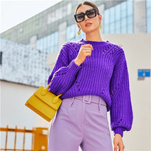 Load image into Gallery viewer, SHEIN Purple Drop Shoulder Pointelle Chunky Knit Sweater Women Tops Autumn Winter Solid Bishop Sleeve O Neck Casual Sweaters