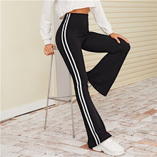 Load image into Gallery viewer, SHEIN Black Striped Side Flare Leg Stretchy Pants Women Bottoms 2019 Autumn Active Wear High Waist Ladies Casual Long Trousers