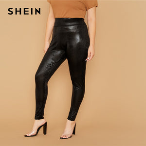 SHEIN Plus Size Black Wide Waistband Snakeskin Crop Leggings Without Chain Women Casual Autumn Plus Slim Fit Glamorous Leggings