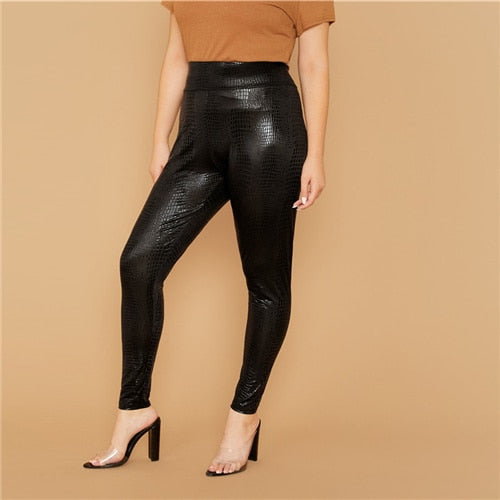 SHEIN Plus Size Black Wide Waistband Snakeskin Crop Leggings Without Chain Women Casual Autumn Plus Slim Fit Glamorous Leggings