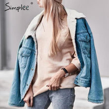 Load image into Gallery viewer, Simplee Vintage lambswool denim jacket women Buttons pockets warm female jeans jackets Autumn winter outwear ladies coats 2019