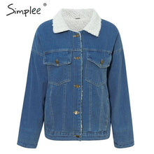 Load image into Gallery viewer, Simplee Vintage lambswool denim jacket women Buttons pockets warm female jeans jackets Autumn winter outwear ladies coats 2019