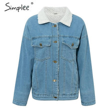 Load image into Gallery viewer, Simplee Vintage lambswool denim jacket women Buttons pockets warm female jeans jackets Autumn winter outwear ladies coats 2019