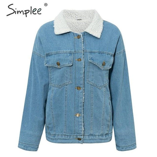 Simplee Vintage lambswool denim jacket women Buttons pockets warm female jeans jackets Autumn winter outwear ladies coats 2019