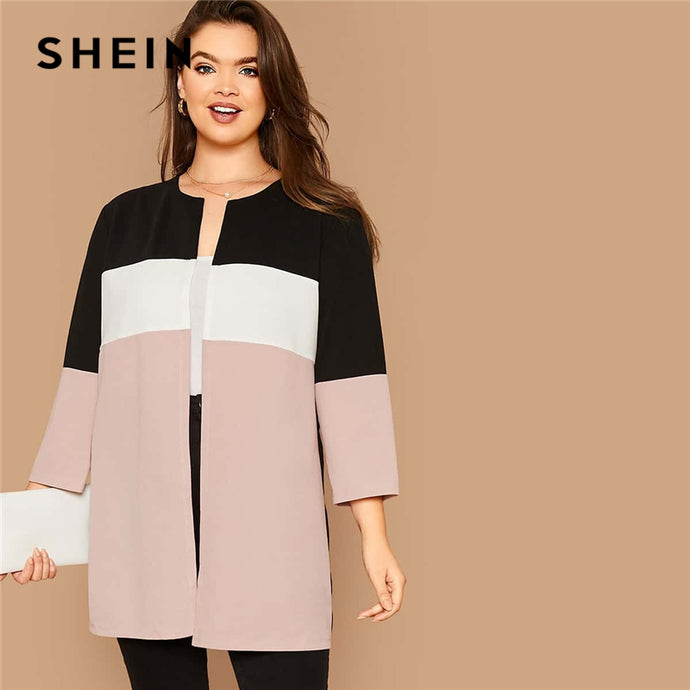 SHEIN Plus Size Cut-and-sew Open Front Coat Women Autumn 3/4 Length Sleeve Casual Plus Colorblock Outwear Coats