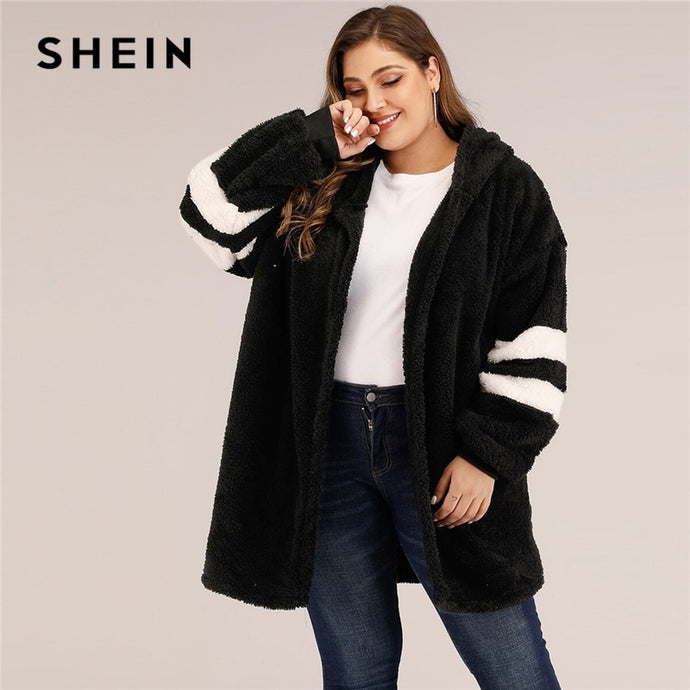 SHEIN Plus Size Varsity Striped Hooded Teddy Coat Women Autumn Winter Casual Plus Colorblock Flannel Outwear Long Coats