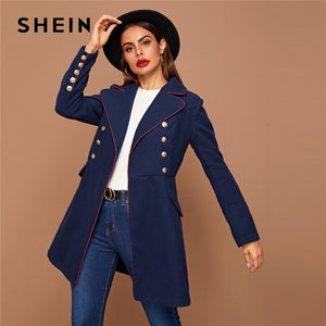 SHEIN Black Lapel Collar Gold Button Detail Contrast Piping Coat Winter Long Sleeve Elegant Outwear Long Pea Coats