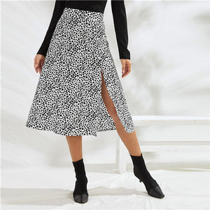 SHEIN Black And White All Over Print Split Thigh Sexy Skirt Women Bottoms 2019 Autumn Fashion Ladies Zipper Midi A Line Skirts