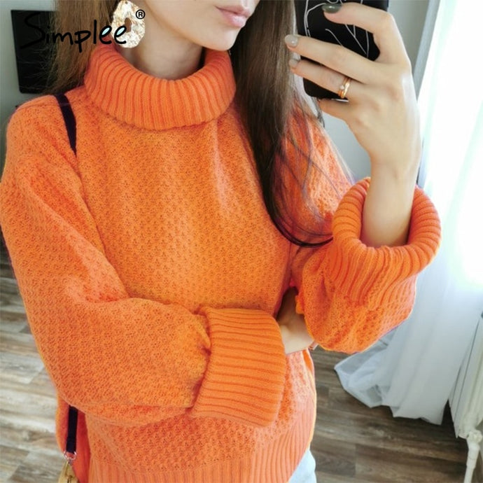 Simplee Orange turtleneck knitted women pullover sweater Vintage long sleeve autumn winter female sweater Casual jumper 2019